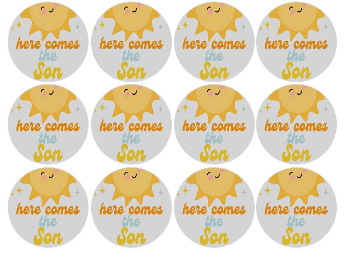 Set of 12 "Here Comes the Son, Baby Shower" pre cut edible image discs for desserts, drink toppers, choose your size