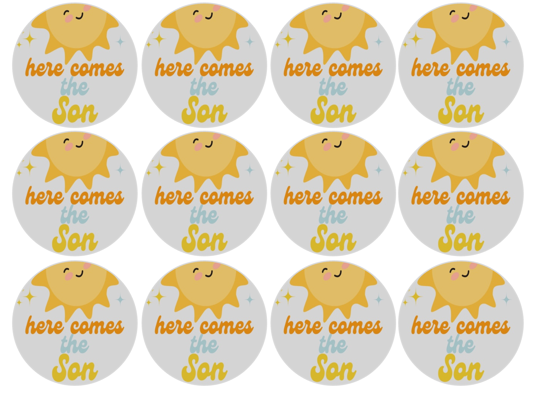 Set of 12 "Here Comes the Son, Baby Shower" pre cut edible image discs for desserts, drink toppers, choose your size