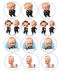 Set of 12 "Boss Baby" pre cut edible image discs for desserts, drink toppers, choose your size
