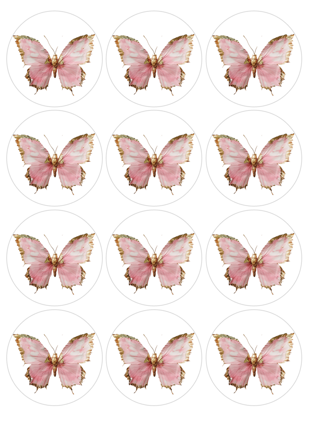 Set of 12 "Pink and Gold Butterfly" pre cut edible image discs for desserts, drink toppers, choose your size