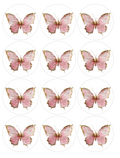 Set of 12 "Pink and Gold Butterfly" pre cut edible image discs for desserts, drink toppers, choose your size