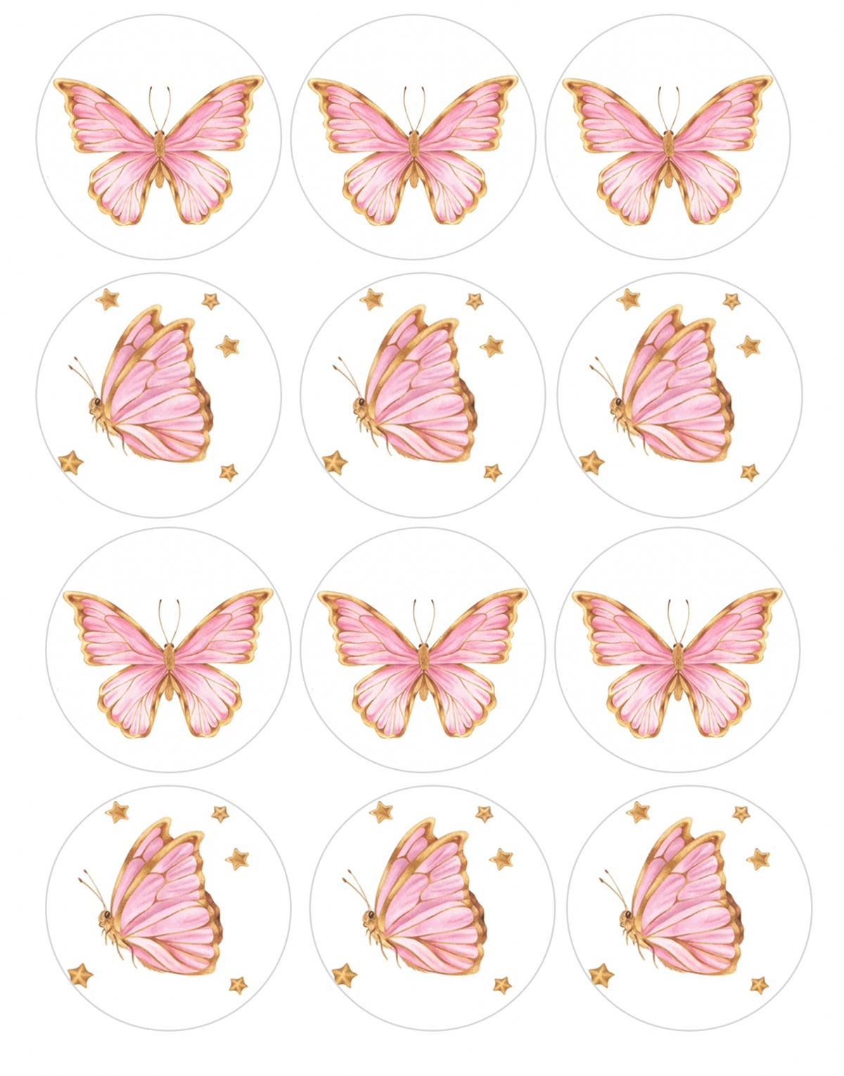 Set of 12 "Pink and Gold Butterfly" pre cut edible image discs for desserts, drink toppers, choose your size