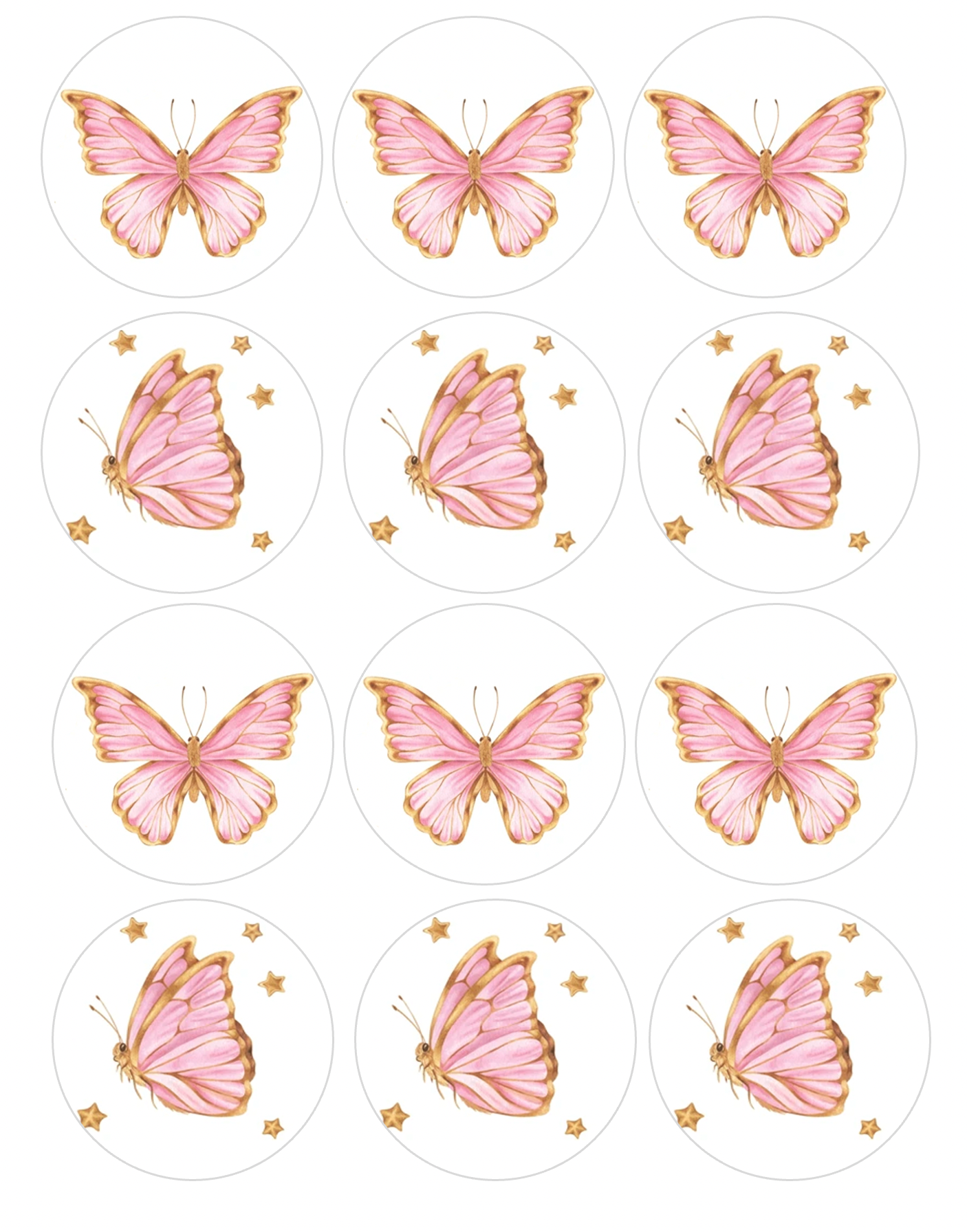 Set of 12 "Pink and Gold Butterfly" pre cut edible image discs for desserts, drink toppers, choose your size