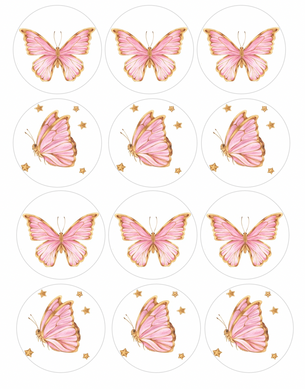 Set of 12 "Pink and Gold Butterflies" pre cut edible image discs for desserts, drink toppers, choose your size