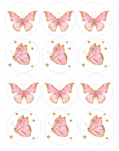 Set of 12 "Pink and Gold Butterflies" pre cut edible image discs for desserts, drink toppers, choose your size