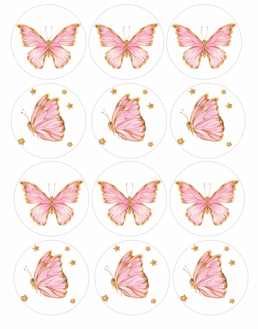 Set of 12 "Pink and Gold Butterflies" pre cut edible image discs for desserts, drink toppers, choose your size