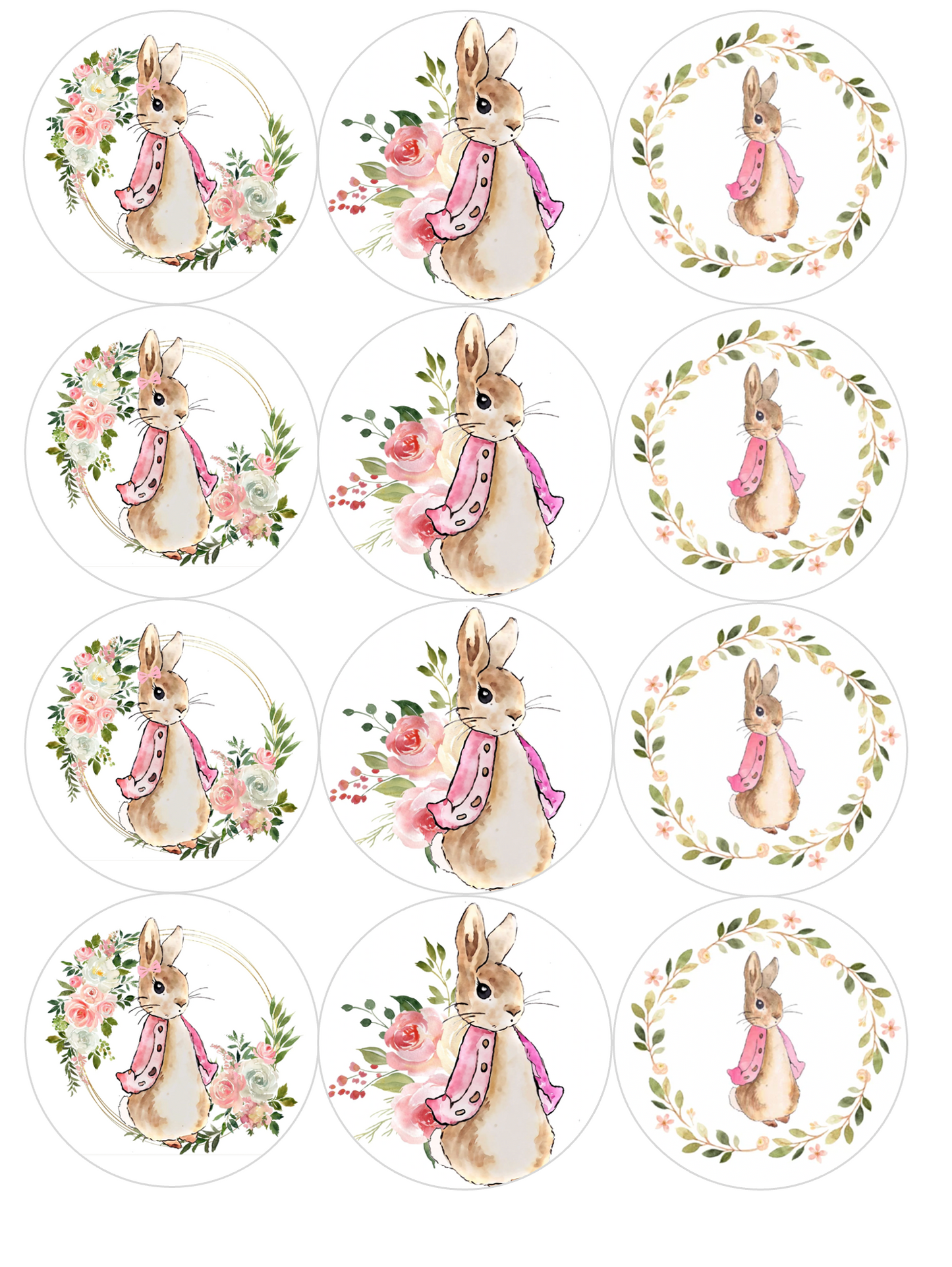 Set of 12 "Beatrix Potter Flopsy Rabbit" pre cut edible image discs for desserts, drink toppers, choose your size