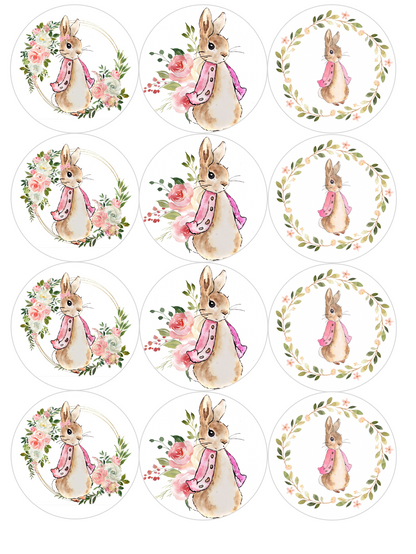 Set of 12 "Beatrix Potter Flopsy Rabbit" pre cut edible image discs for desserts, drink toppers, choose your size