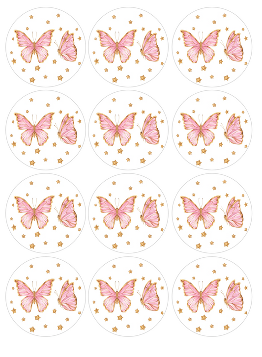 Set of 12 "Pink and Gold Butterflies" pre cut edible image discs for desserts, drink toppers, choose your size