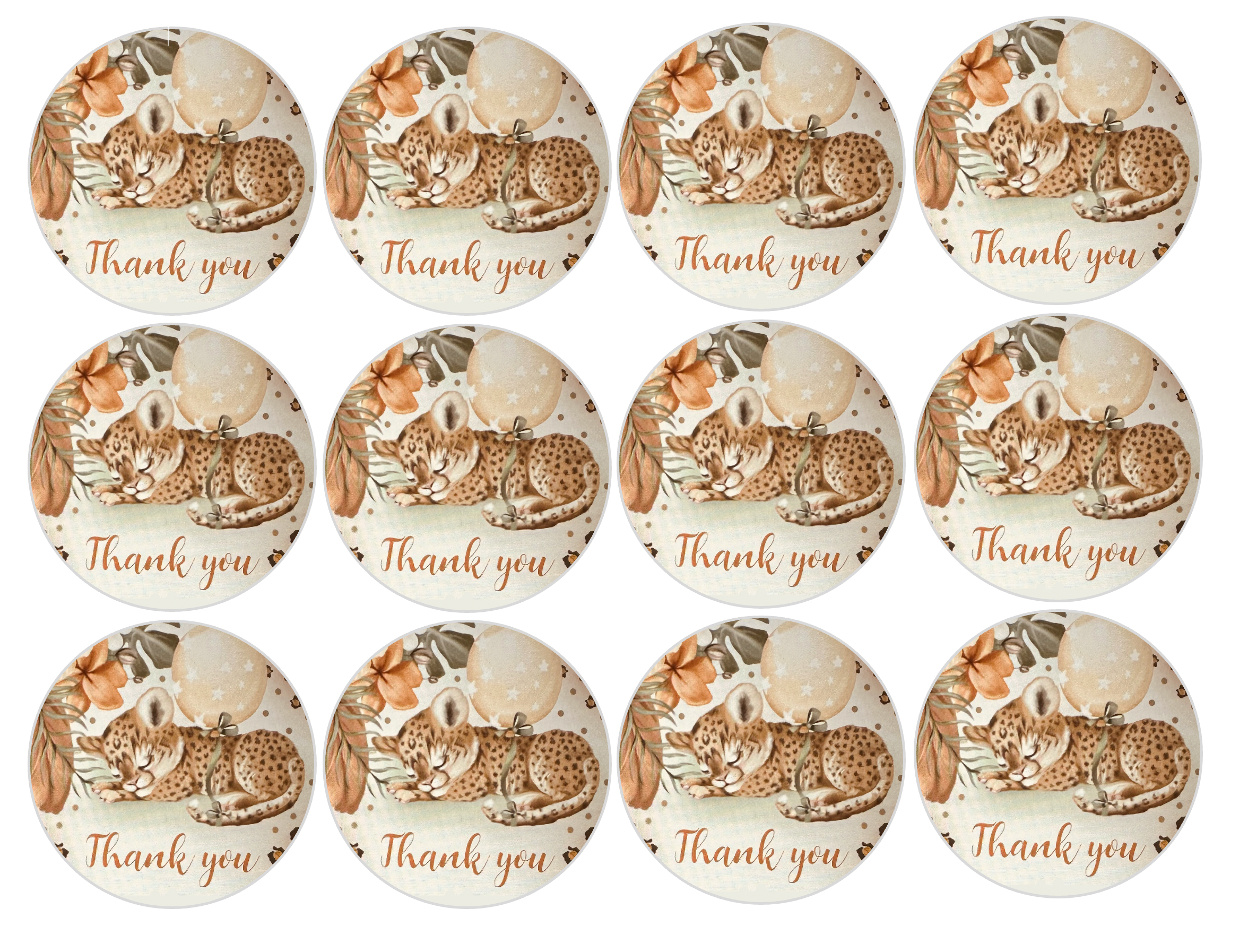 Set of 12 "Thank you, Baby Leopard" pre cut edible image discs for desserts, drink toppers, choose your size