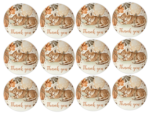 Set of 12 "Thank you, Baby Leopard" pre cut edible image discs for desserts, drink toppers, choose your size