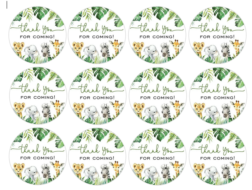 Set of 12 "Thank you for coming, wild baby shower" pre cut edible image discs for desserts, drink toppers, choose your size