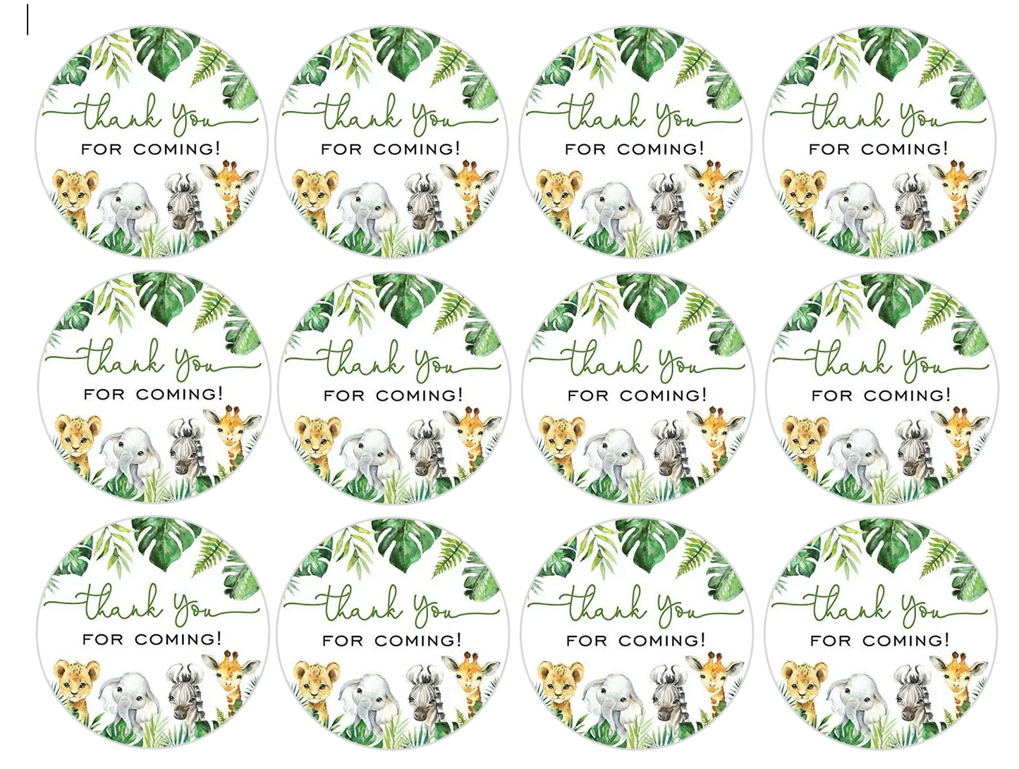 Set of 12 "Thank you for coming, wild baby shower" pre cut edible image discs for desserts, drink toppers, choose your size
