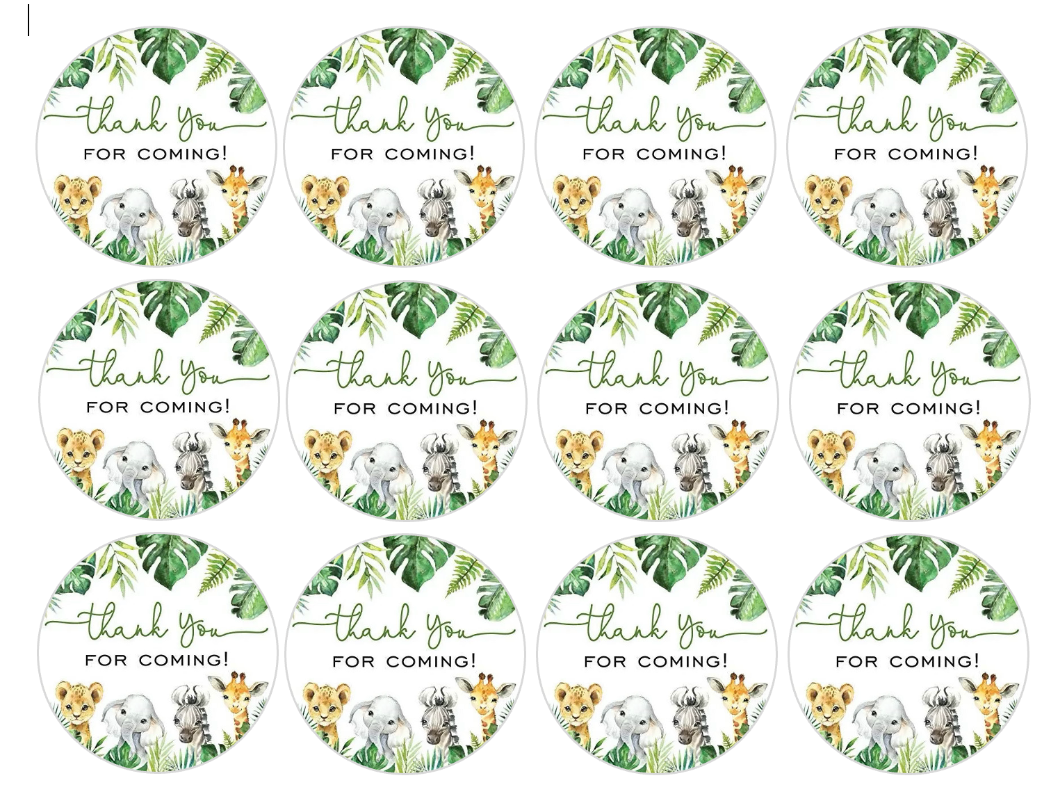 Set of 12 "Thank you for coming, wild baby shower" pre cut edible image discs for desserts, drink toppers, choose your size