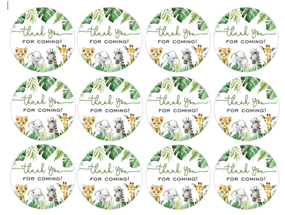Set of 12 "Thank you for coming, wild baby shower" pre cut edible image discs for desserts, drink toppers, choose your size