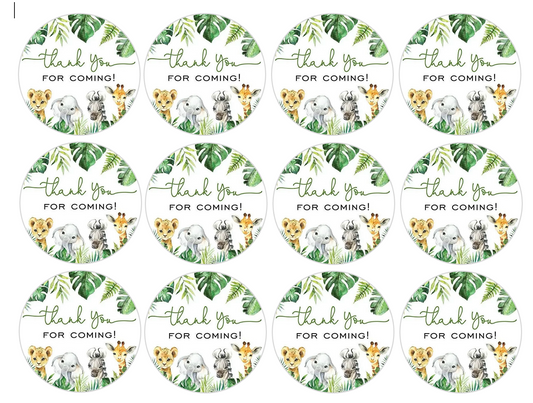 Set of 12 "Thank you for coming, wild baby shower" pre cut edible image discs for desserts, drink toppers, choose your size