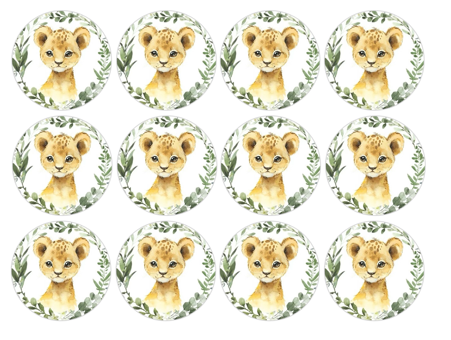 Set of 12 "Baby Lion" pre cut edible image discs for desserts, drink toppers, choose your size