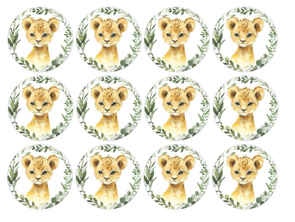 Set of 12 "Baby Lion" pre cut edible image discs for desserts, drink toppers, choose your size