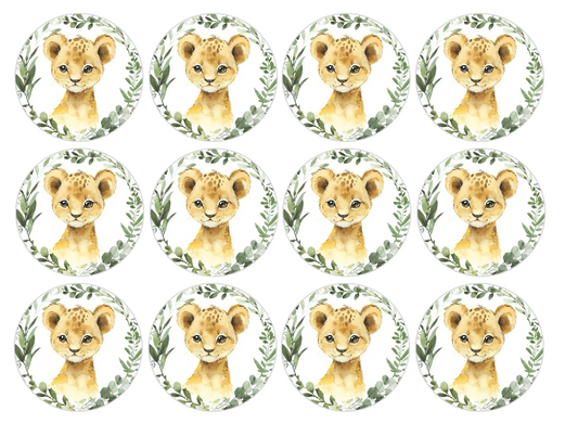 Set of 12 "Baby Lion" pre cut edible image discs for desserts, drink toppers, choose your size