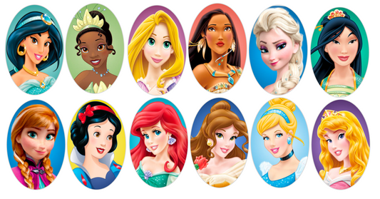 Set of 12 "Princess Mix" pre cut edible image OVALS for chocolate frames, choose your size