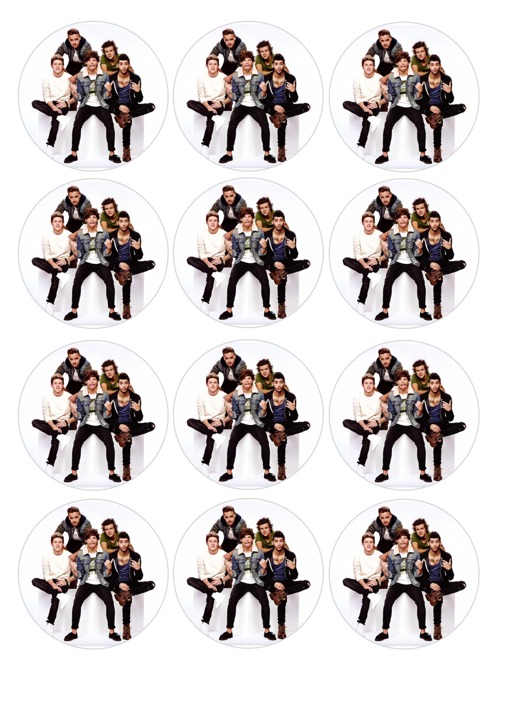 Set of 12 One Direction, pre cut edible image discs for desserts, choose your size