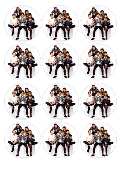 Set of 12 One Direction, pre cut edible image discs for desserts, choose your size