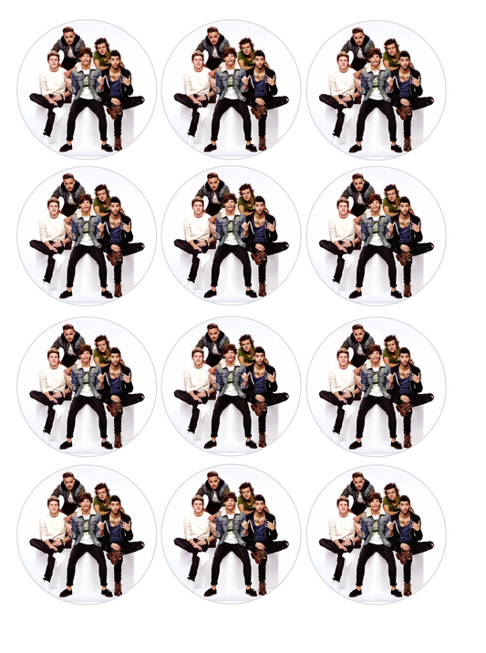 Set of 12 One Direction, pre cut edible image discs for desserts, choose your size