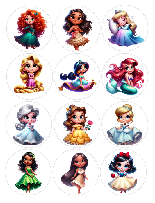 Set of 12 Disney Princess Mix pre cut edible image discs for desserts, choose your size