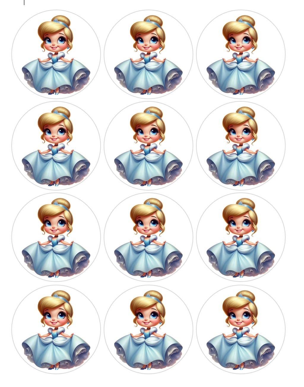 Set of 12 Cinderella pre cut edible image discs for desserts, choose your size