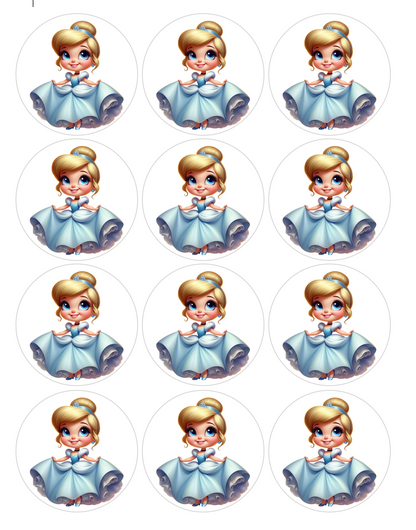 Set of 12 Cinderella pre cut edible image discs for desserts, choose your size