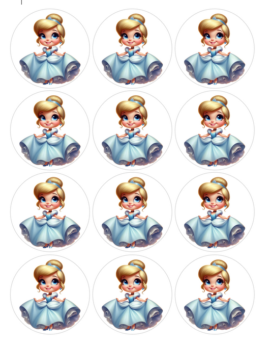 Set of 12 Cinderella pre cut edible image discs for desserts, choose your size