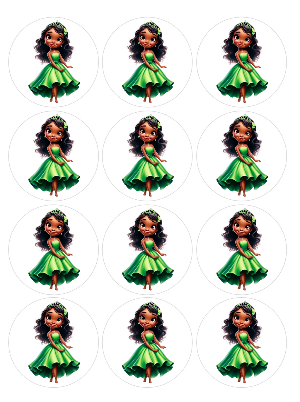 Set of 12 Princess Tiana pre cut edible image discs for desserts, choose your size