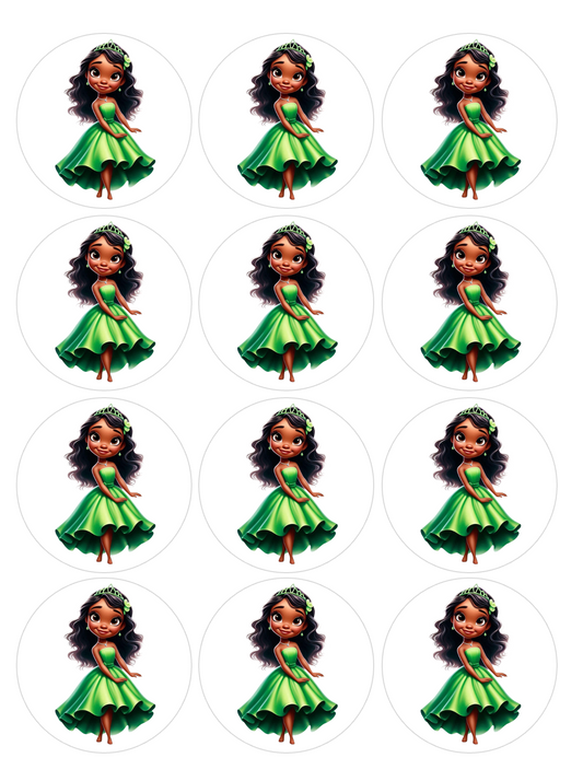 Set of 12 Princess Tiana pre cut edible image discs for desserts, choose your size