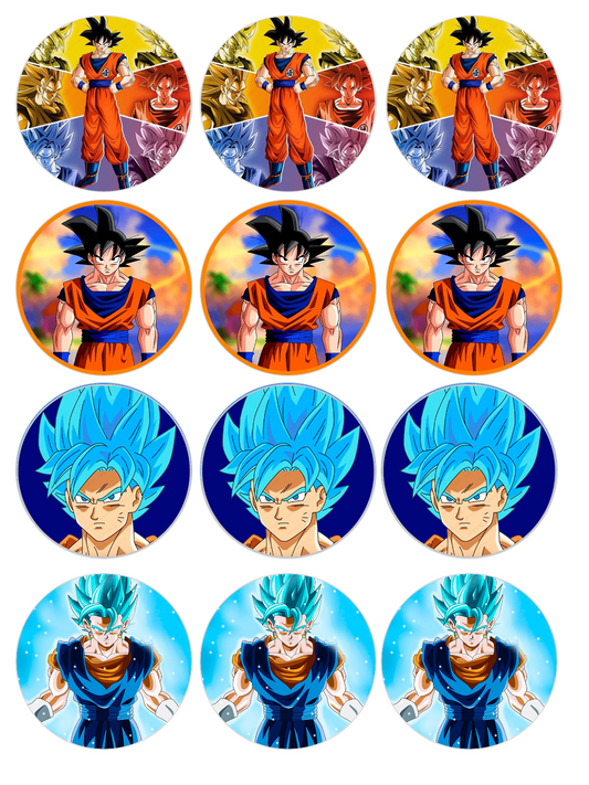 Set of 12 Dragonball Z pre cut edible image discs for desserts, choose your size