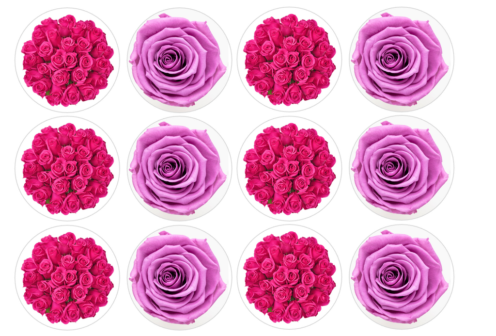 Set of 12 "Pink Roses" pre cut edible image discs for desserts, drink toppers, choose your size