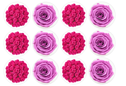 Set of 12 "Pink Roses" pre cut edible image discs for desserts, drink toppers, choose your size