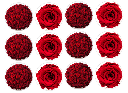 Set of 12 "Red Roses" pre cut edible image discs for desserts, drink toppers, choose your size