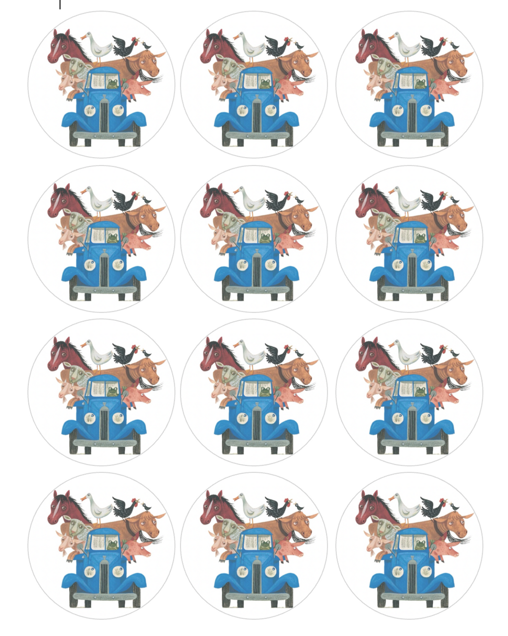 Set of 12 Little Blue Truck, pre cut edible image discs for desserts, choose your size