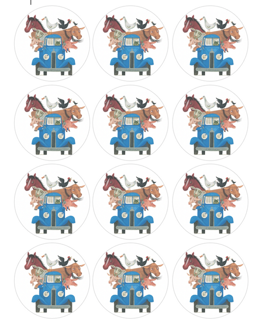 Set of 12 Little Blue Truck, pre cut edible image discs for desserts, choose your size