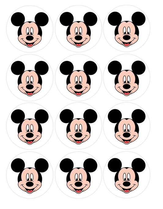 Set of 12 "Mickey Mouse" pre cut edible image discs for desserts, drink toppers, choose your size