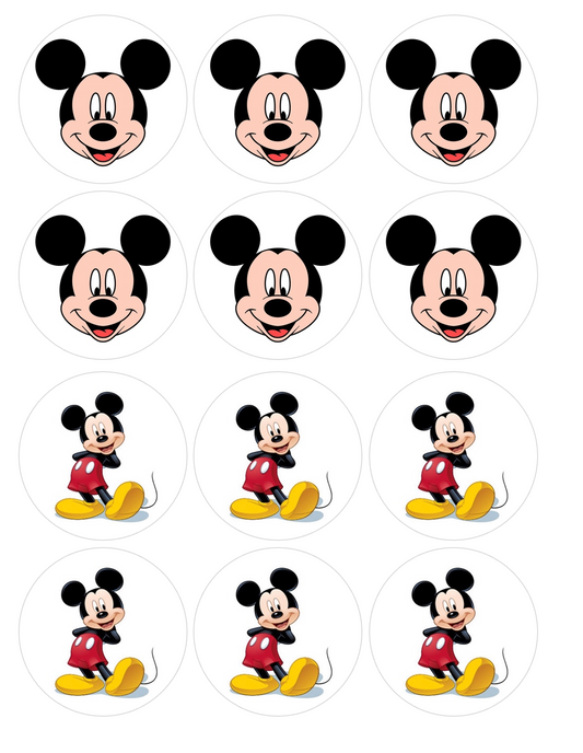 Set of 12 "Mickey Mouse" pre cut edible image discs for desserts, drink toppers, choose your size
