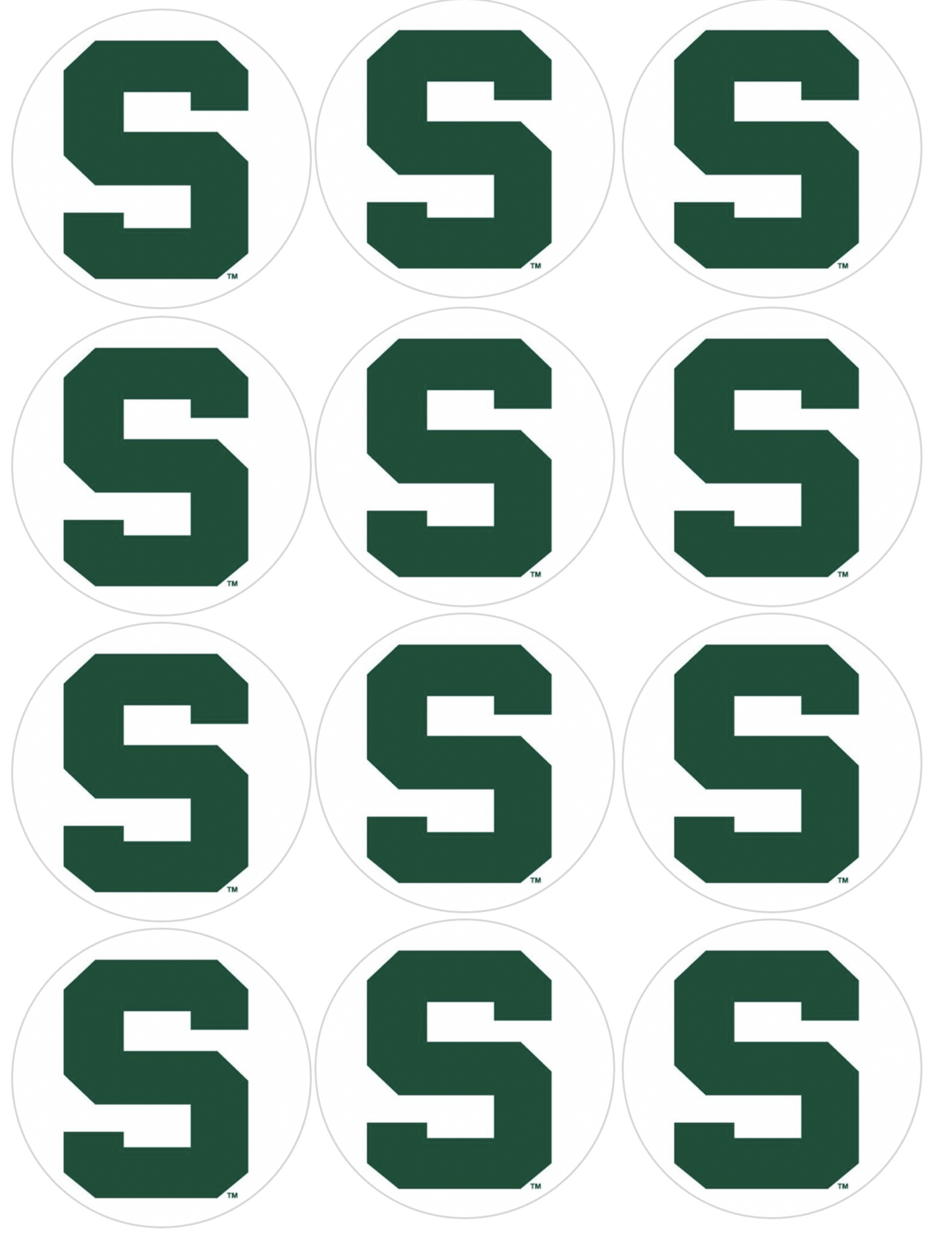 Set of 12 "MSU Michigan State University" pre cut edible image discs for desserts, drink toppers, choose your size