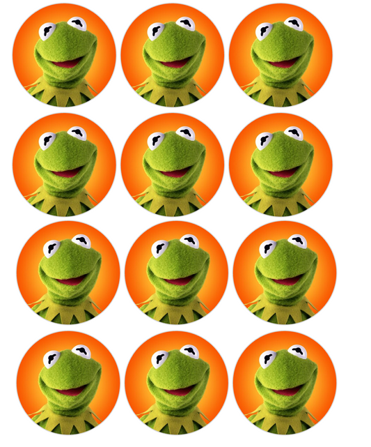 Set of 12 "Kermit the Frog" pre cut edible image discs for desserts, drink toppers, choose your size
