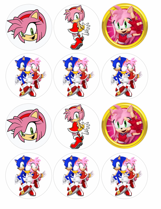 Set of 12 Sonic, Amy Rose, pre cut edible image discs for desserts, choose your size