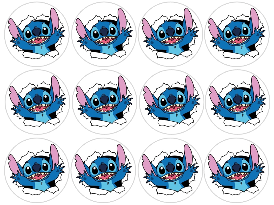 Set of 12 "Lilo and Stitch" pre cut edible image discs for desserts, drink toppers, choose your size