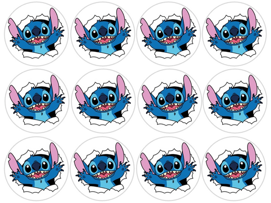 Set of 12 "Lilo and Stitch" pre cut edible image discs for desserts, drink toppers, choose your size