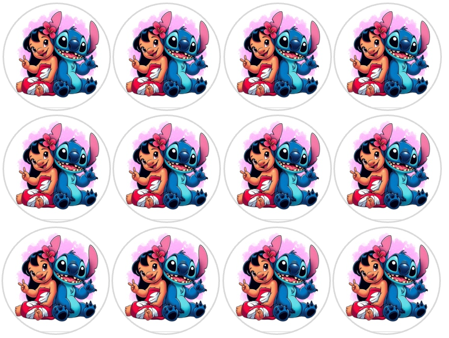 Set of 12 "Lilo and Stitch" pre cut edible image discs for desserts, drink toppers, choose your size