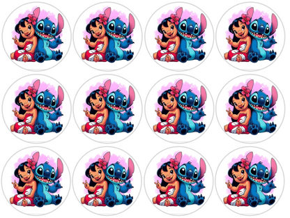 Set of 12 "Lilo and Stitch" pre cut edible image discs for desserts, drink toppers, choose your size