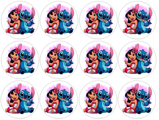 Set of 12 "Lilo and Stitch" pre cut edible image discs for desserts, drink toppers, choose your size