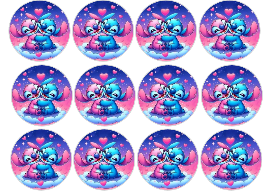 Set of 12 "Lilo and Stitch" pre cut edible image discs for desserts, drink toppers, choose your size